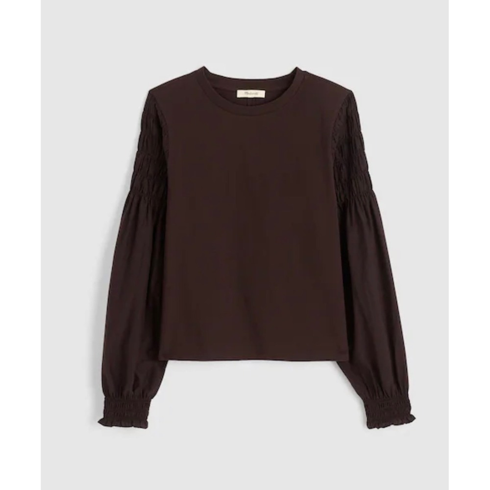 Madewell Womens Cotton Silk Brown Smocked Long Sleeve Tee Blouse XS NWOT